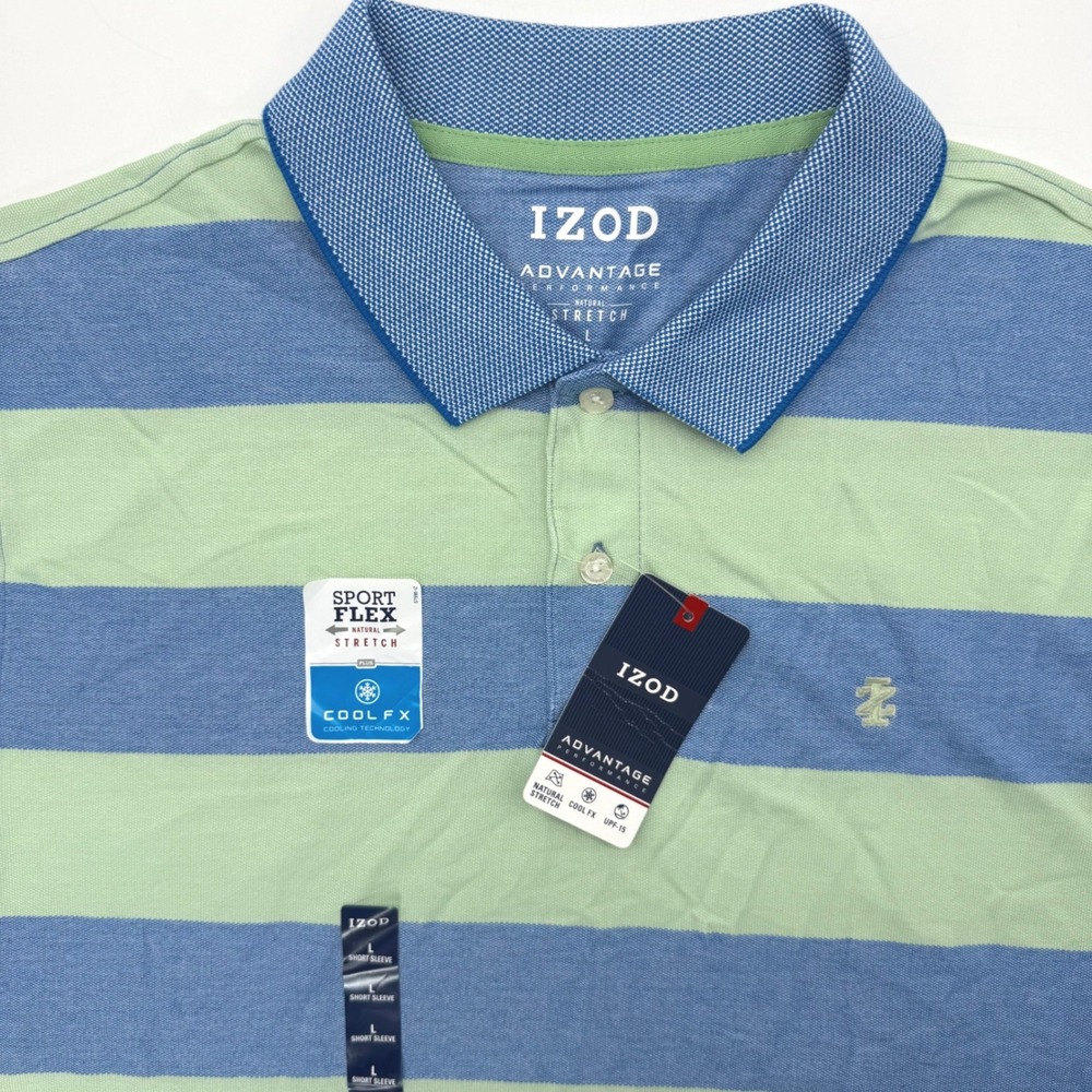 IZOD Polo Shirt Men Large Meadow Green Blue Advantage Performance Striped Polo